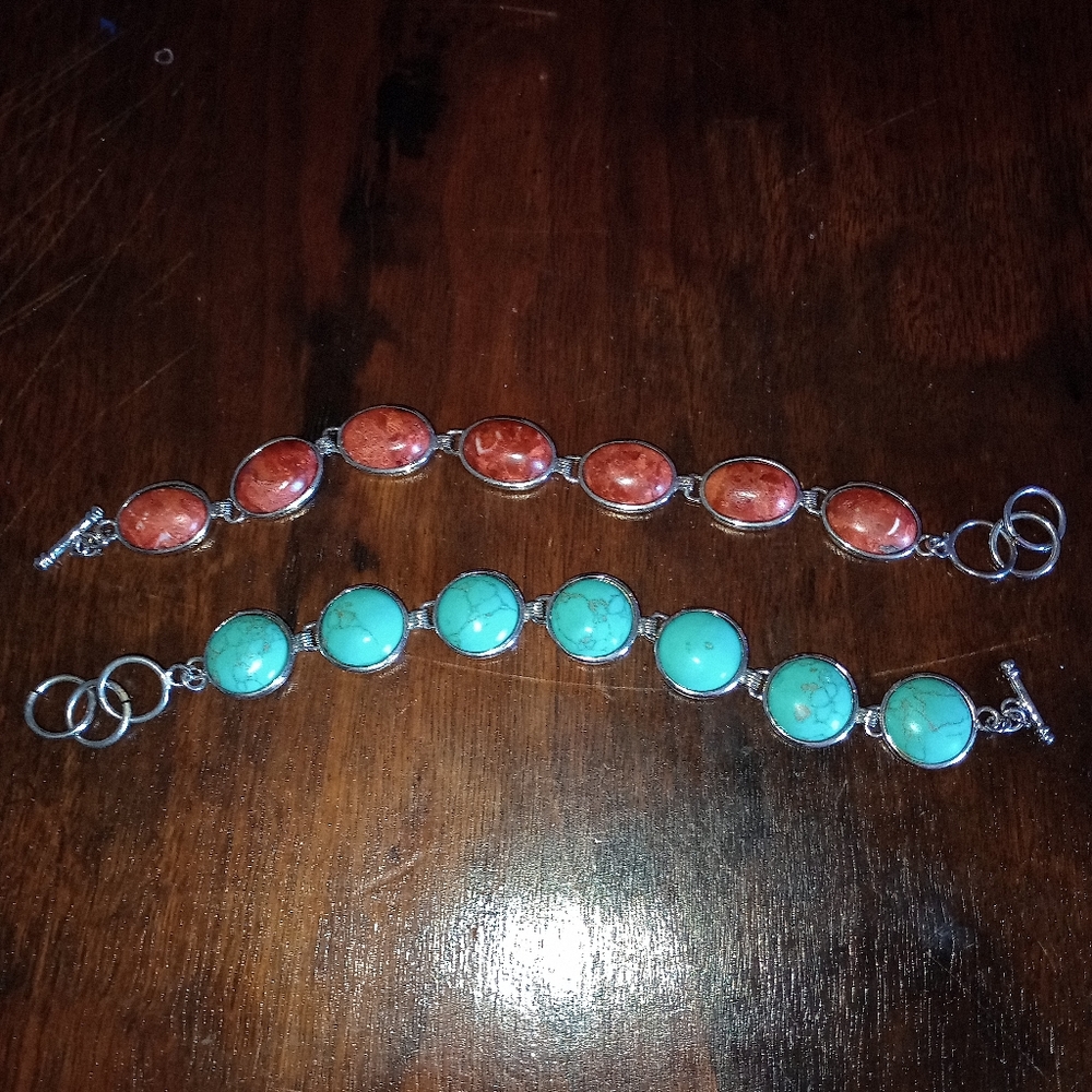 2 Silver tone Bracelets w/ Coral Turquoise Stones